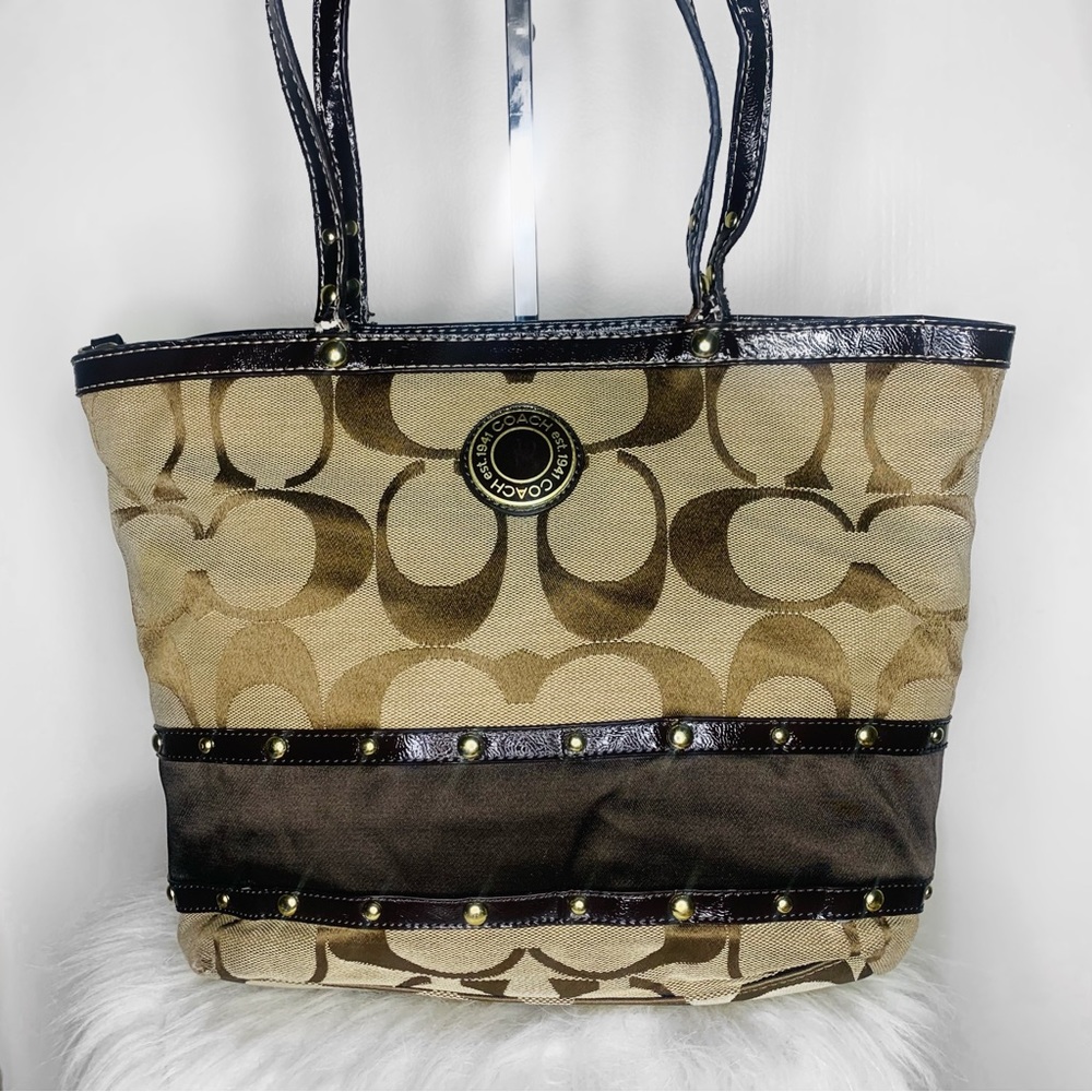 Coach Signature Stripe Studded Sateen Tote Bag